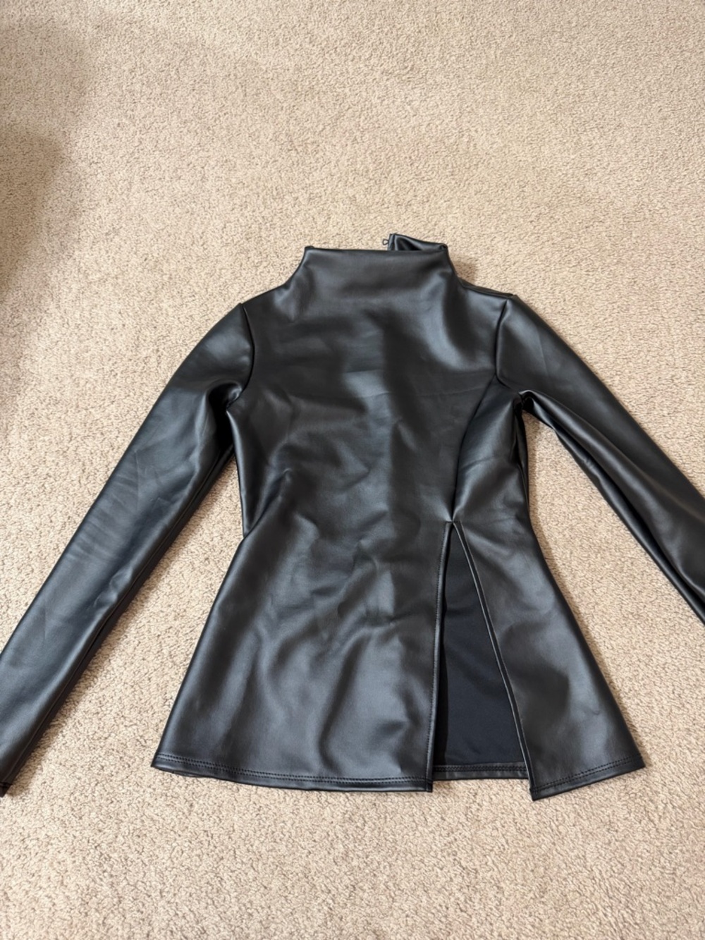 Women’s Black Faux Leather Long Sleeve Jacket with slit